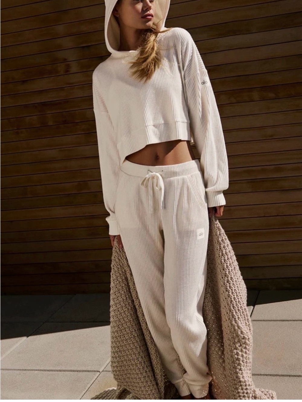 ALO Muse Ribbed Hoodie & Joggers Set in Cream Size Medium & Small